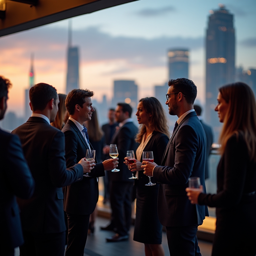 Business networking event with executives engaging in professional discussions