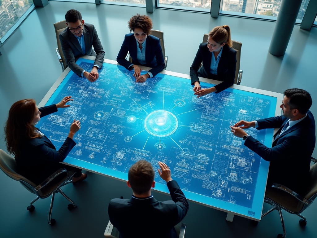 Strategic planning session with executives collaborating on business strategy